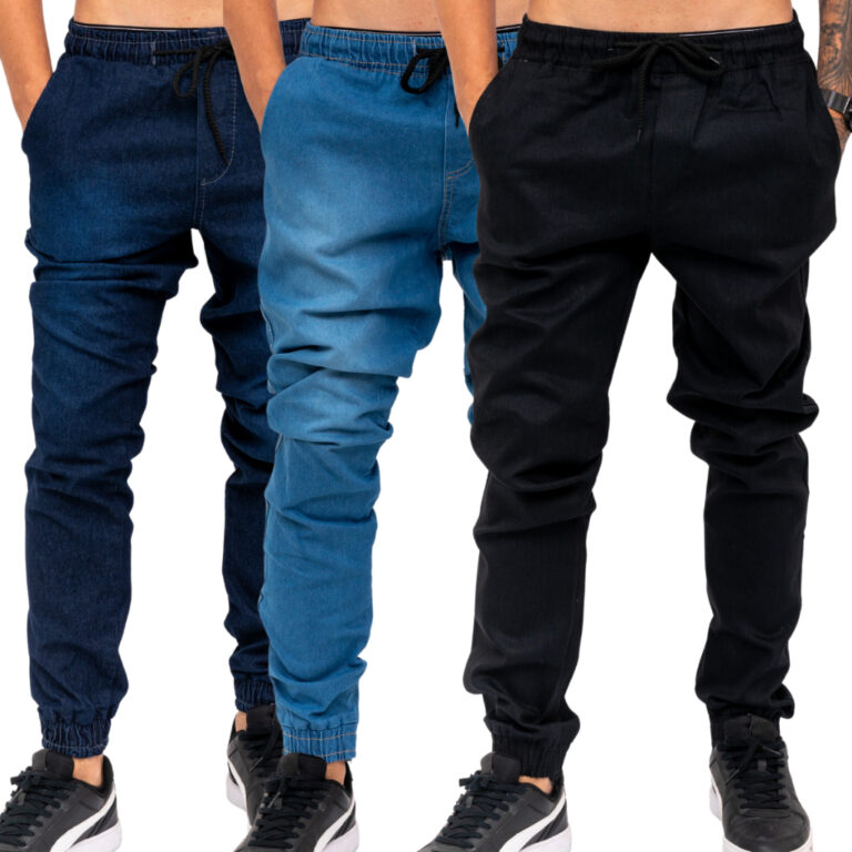 Kit 3 Calças Jogger Masculina Jeans e Sarja C/ Pu
