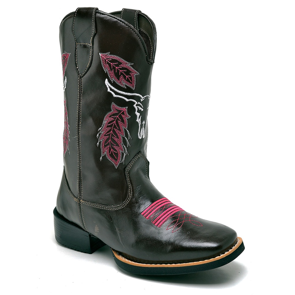 Botas Country Feminina Café Com Bordado Touro Rosa