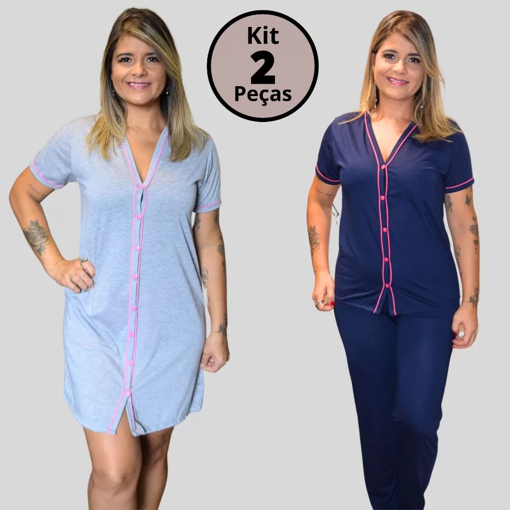 Kit de Pijama Feminino + Camisola Amamentação com botões em Malha cores sortidas modelo cirurgico