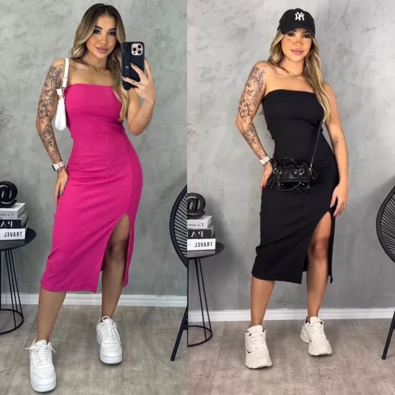 Vestido Midi Feminino Tomara Caia Com Fenda Latera