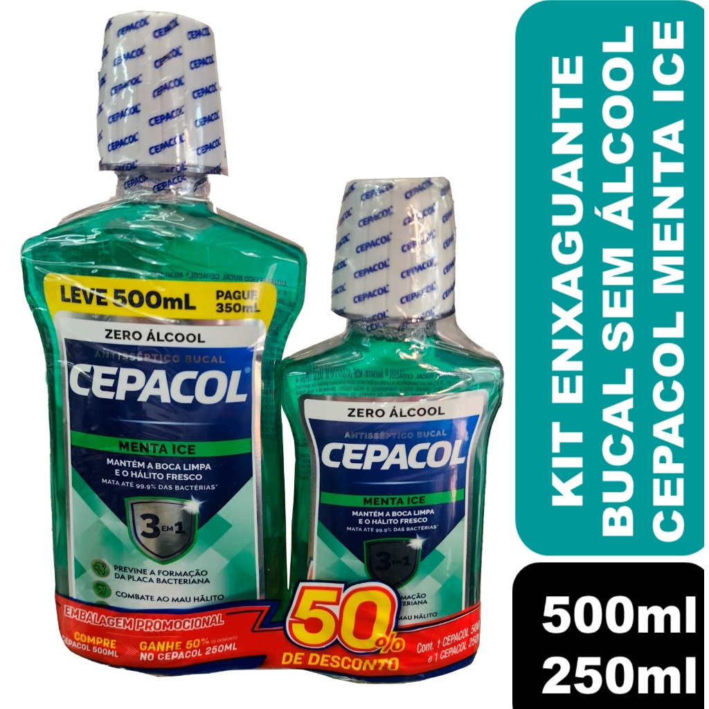 Kit Enxaguante Bucal Cepacol 3em1 Menta Ice 500ml + 250ml Sem álcool