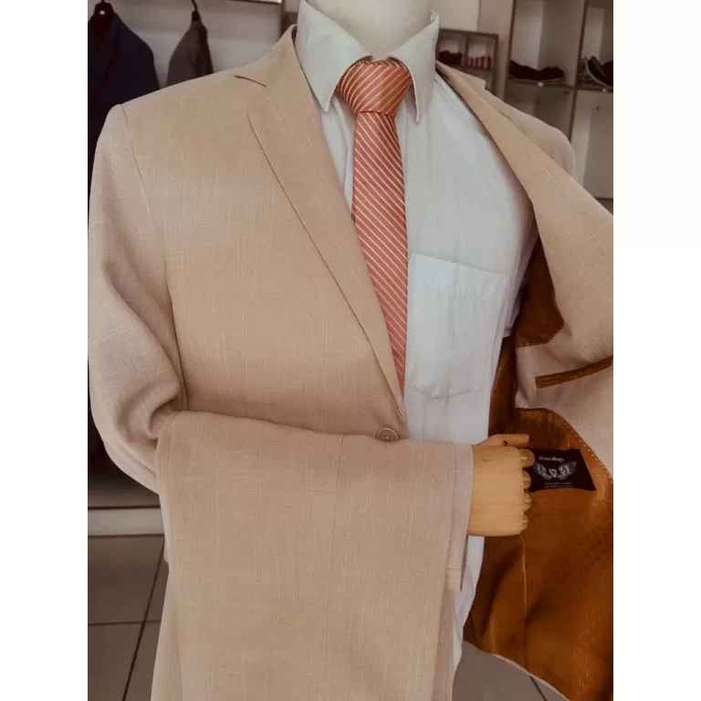Terno Bege Slim Corte Italiano Tecido Melange Luxo