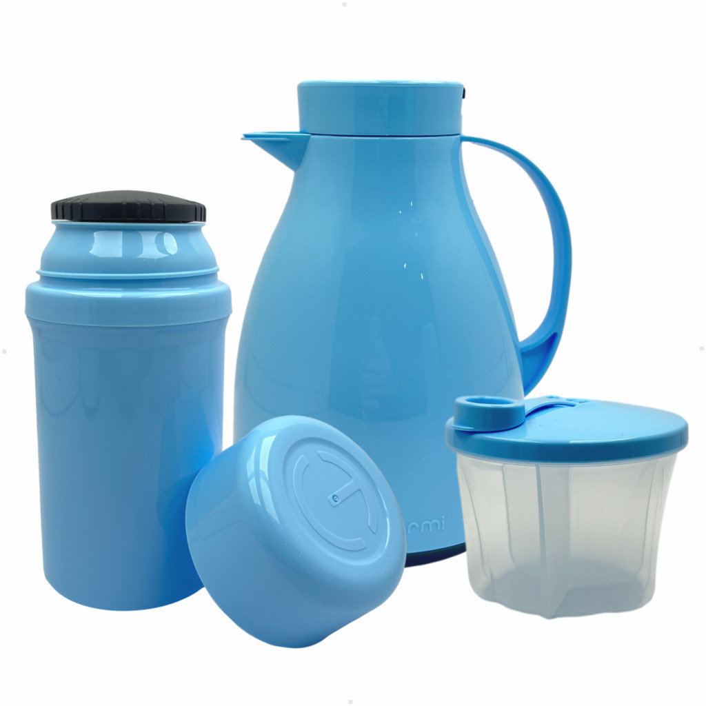 Kit UniBaby Garrafa Térmica Paris 500ml Garrafa Fano 250ml Pote Dosador Leite Em Pó 300ml Azul