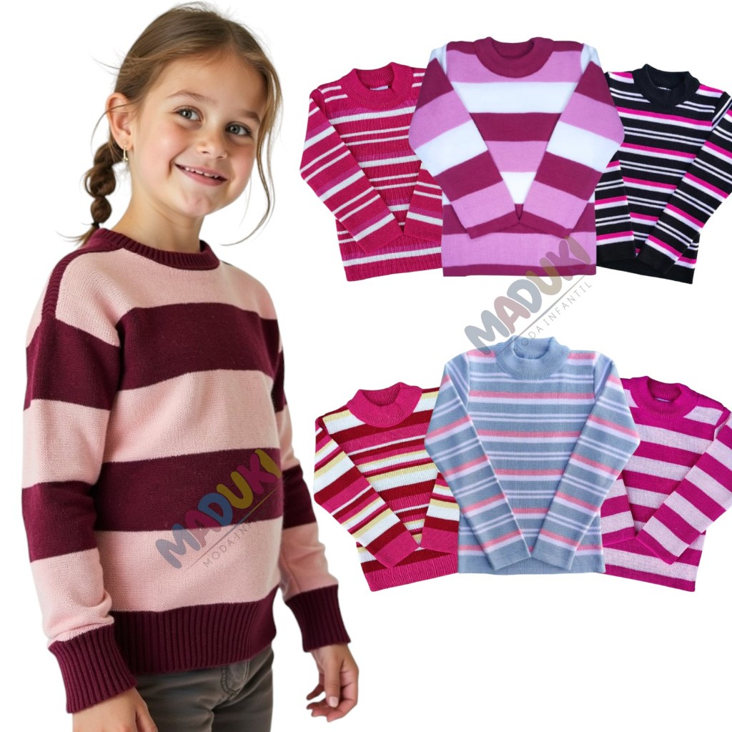 Kit 2 Blusas Infantil Menina Tricot Lã Inverno Quentinha Tamanhos 2 ao 16