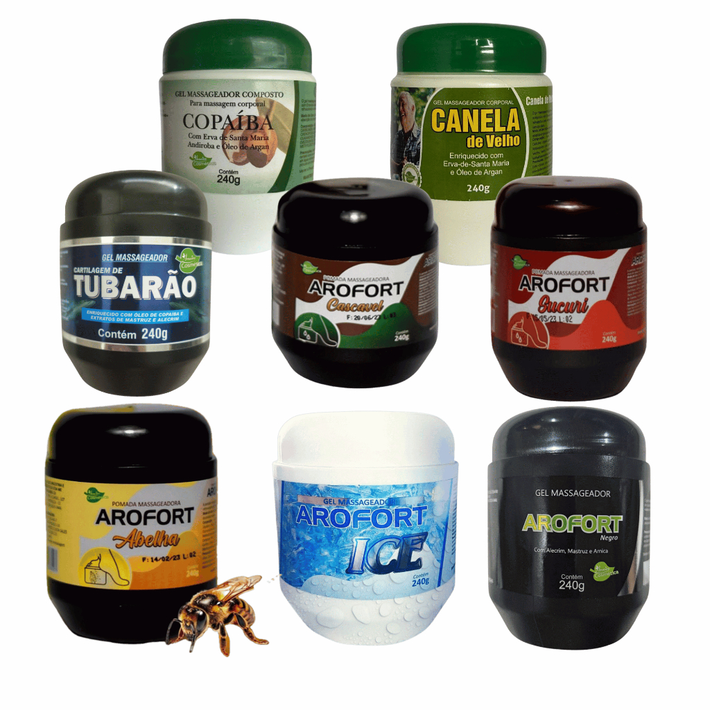 Kit Pomada Massageadora Arofort Aroeira 240g – Sucuri, Cascavel, Abelha, Ice, Copaíba, + Opções