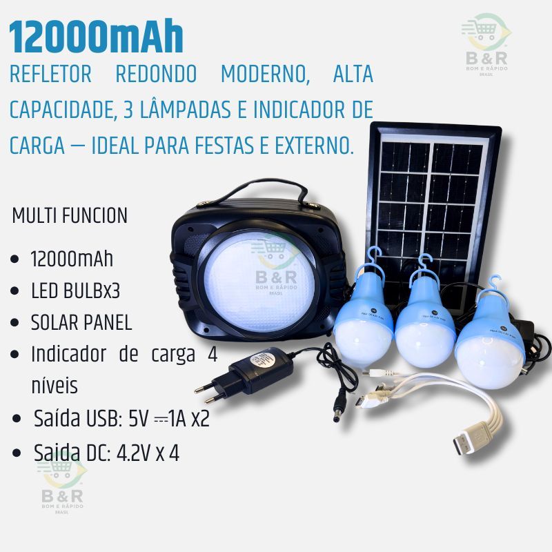 DP Kit de Energia Solar Portátil com Power Bank, Painel Solar e 2 Lâmpadas LED de 7000mAh 80W/ 9000m