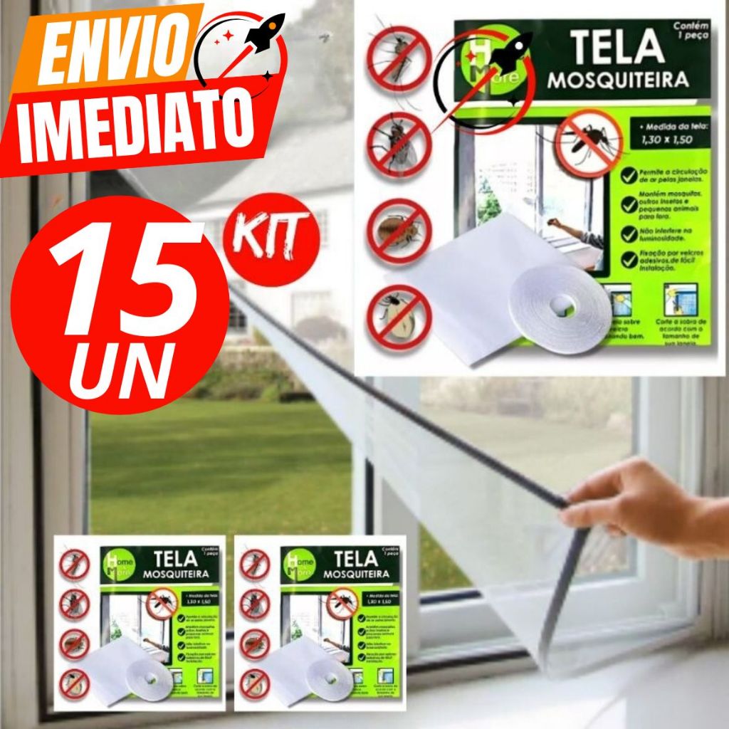 Kit Com 15 Tela Mosquiteiro 1,50 X 1,30 Anti Insetos Mosquitos Dengue Pernilongos Velcro Prático Cas