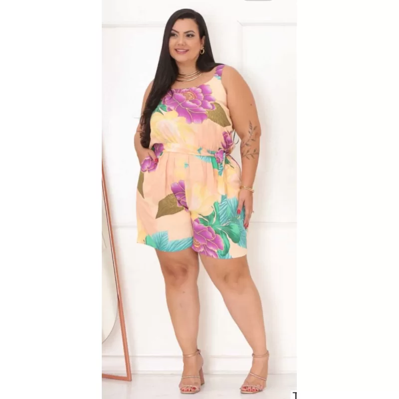 Macaquinho Plus Size Feminino Floral Curto Cinto Tendência Moda Grande Premium G1 A G4