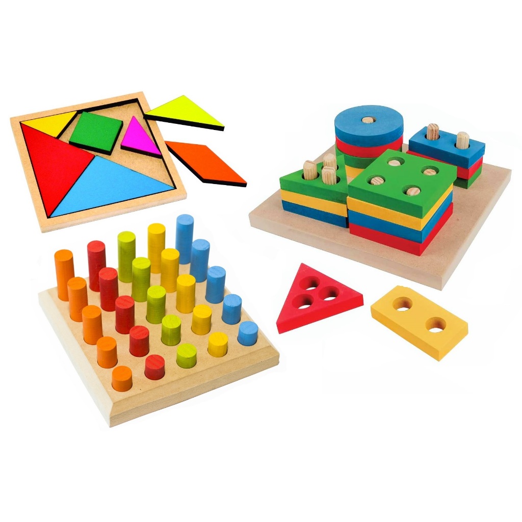 Kit 3 Brinquedos PINOS DE ENCAIXE + TANGRAM + FORMAS GEOMÉTRICAS – Brinquedos Educativos
