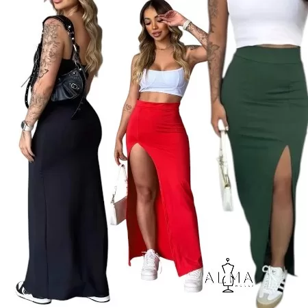 Saia Longa com Fenda Lateral Moda Feminina Estilo 