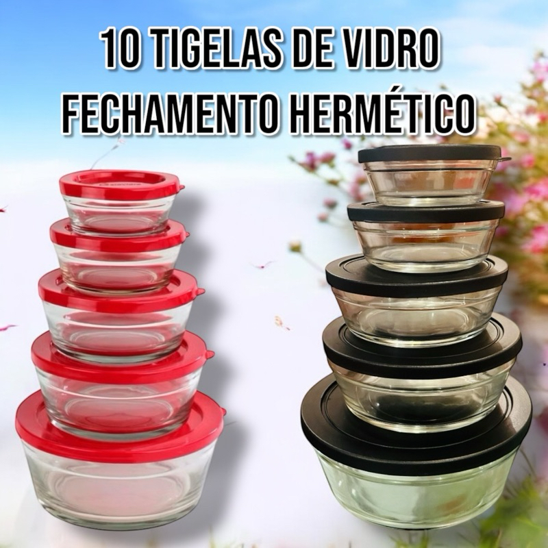 5 Tigelas de Vidro Anti-vazamento Tampa com Isolamento Hermético Vários Tamanhos Potes Multiuso