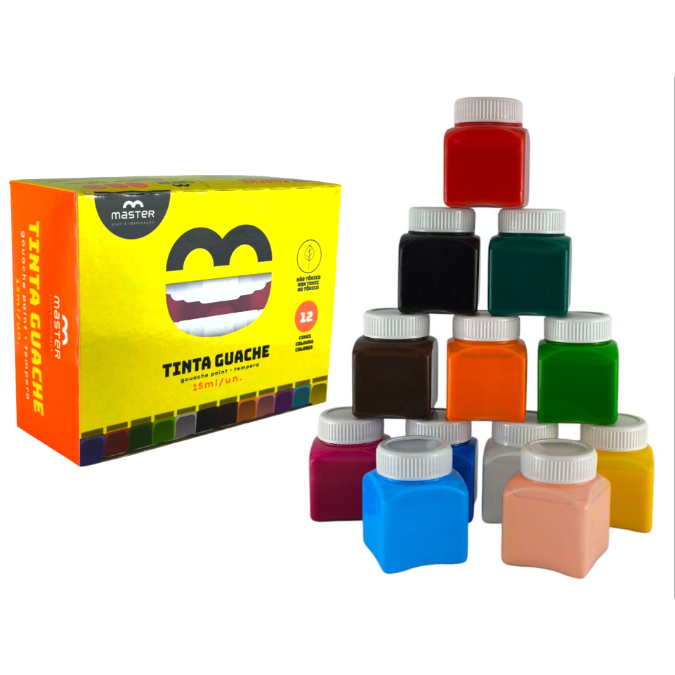 Tinta Guache – Caixa com 12 Unidades 15ml cada pote – Não Tóxica – Mais cremosa do Brasil