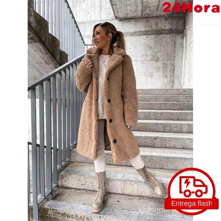 Jaqueta de pelúcia longo feminina de cor lisa man
