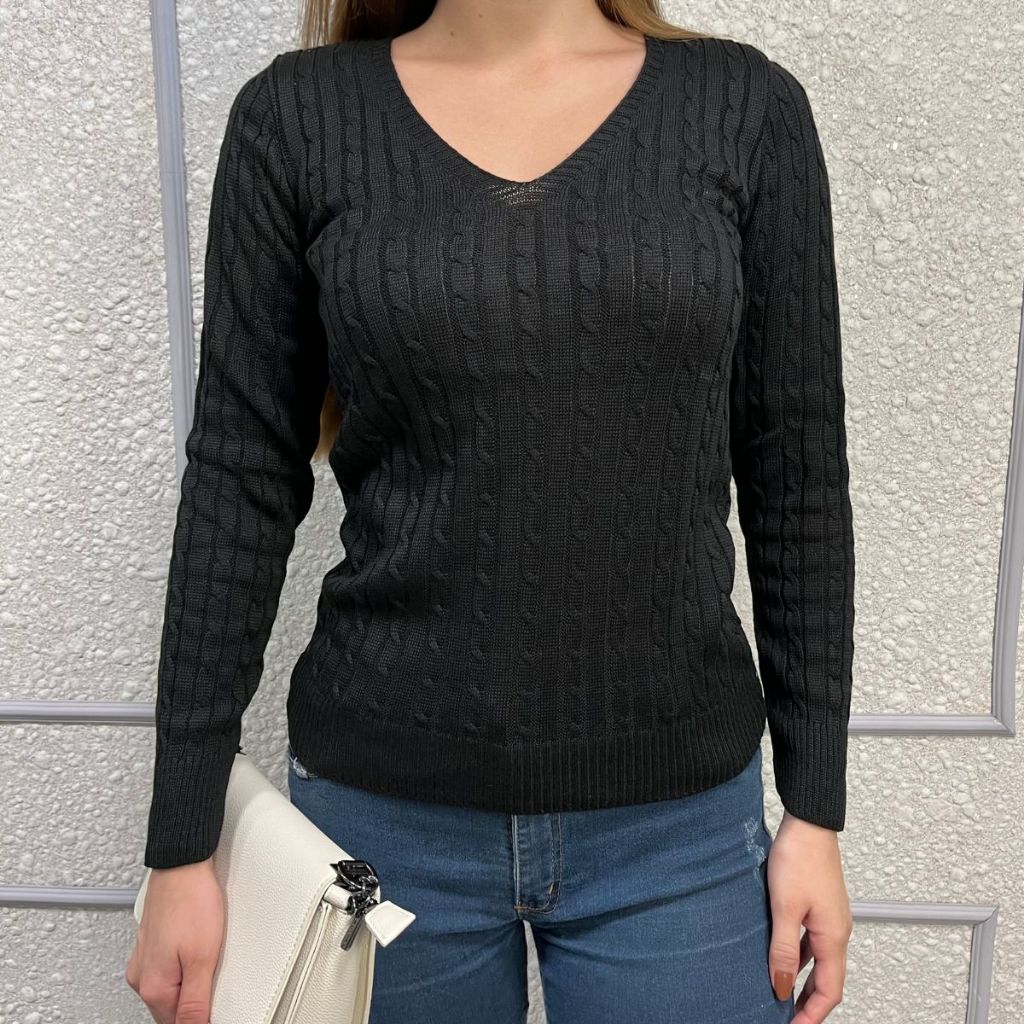 Blusa de Frio Feminina Tricot Suéter Decote V Tricô Trançado Lã Liso