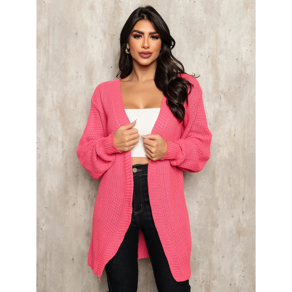 blusa feminino cardigã tricot inverno manga longo estampa liso comprido manga bufante chic