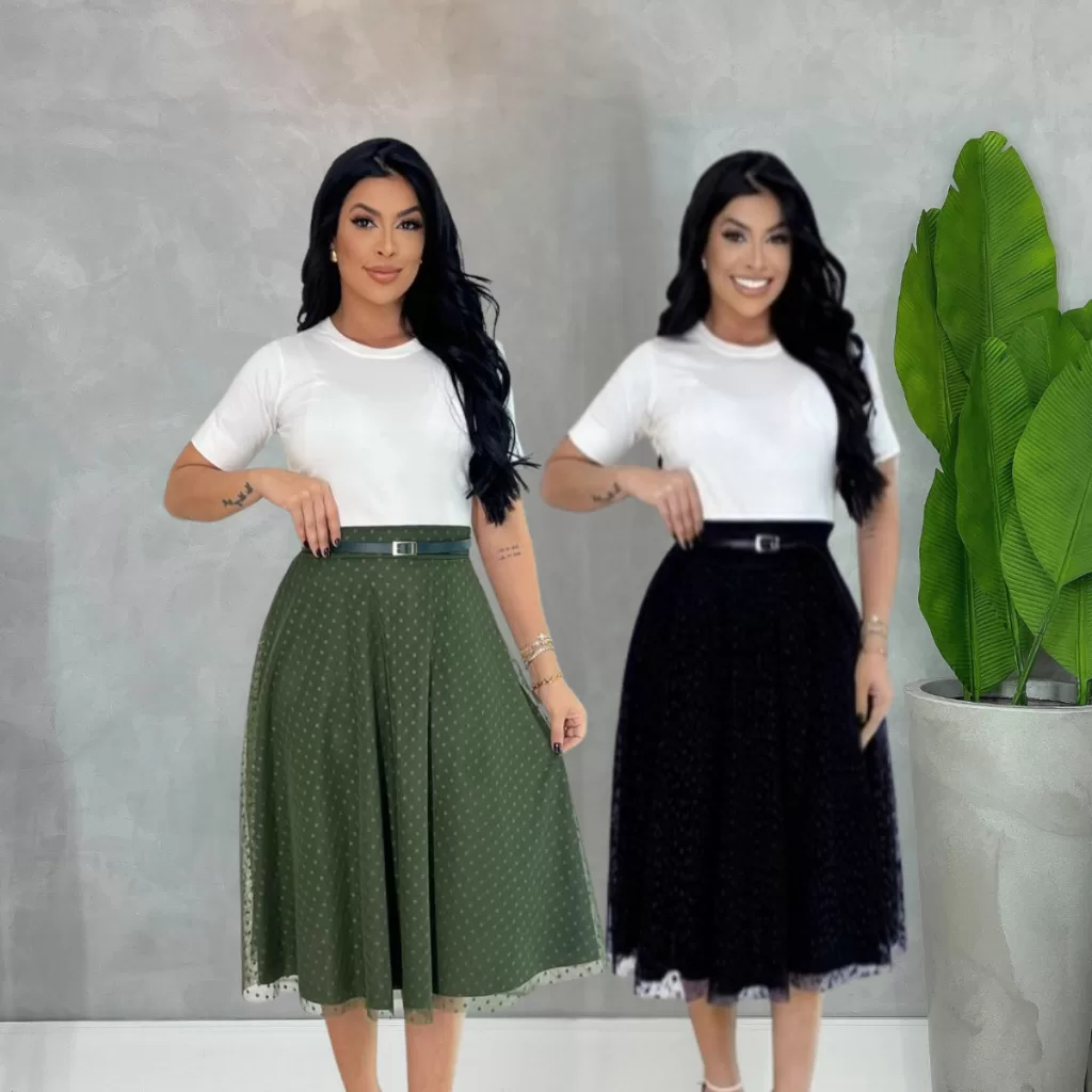 Kit 2 Saia de Tule Feminina Mídi Godê  Moda Evangélica Acompanha o Cinto