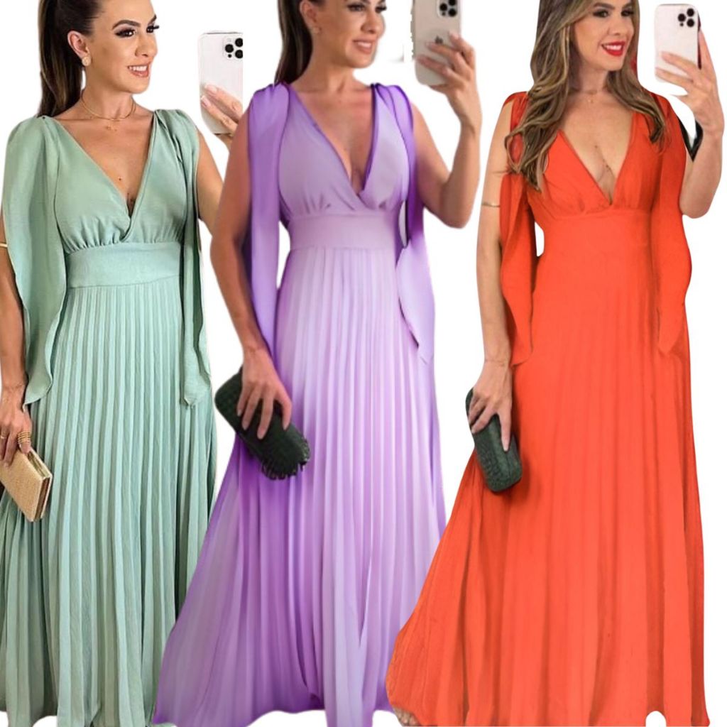 Vestido Madrinha de Casamento Formatura e Festas Longo Plissado Decote V