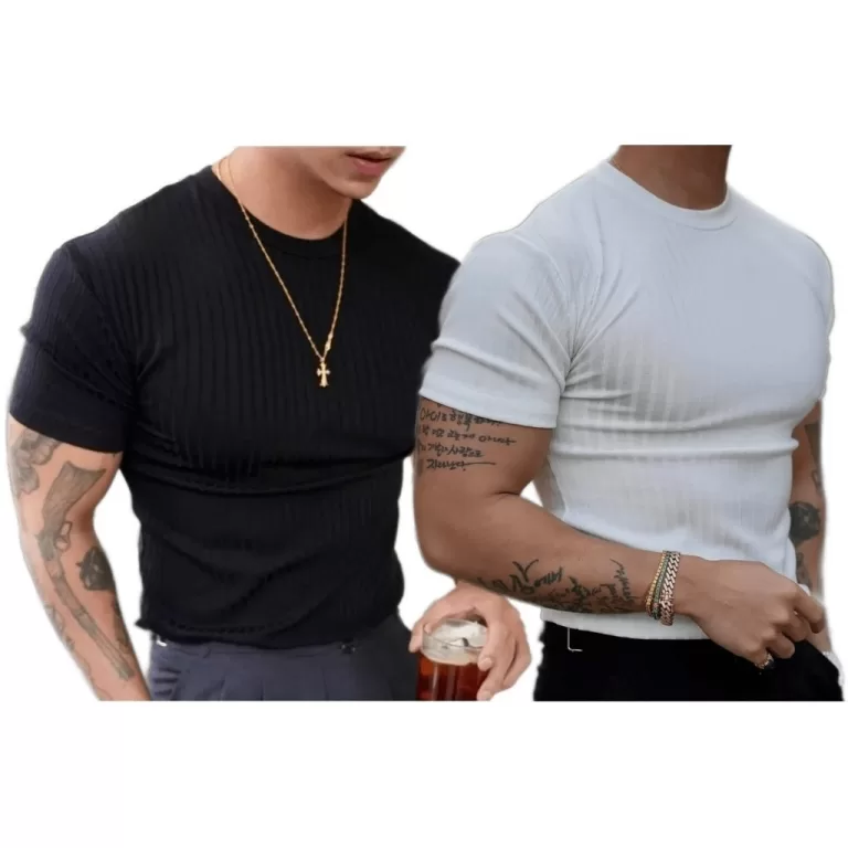 Kit 2 Camisetas Masculina Slim Canelada Gola Alta 