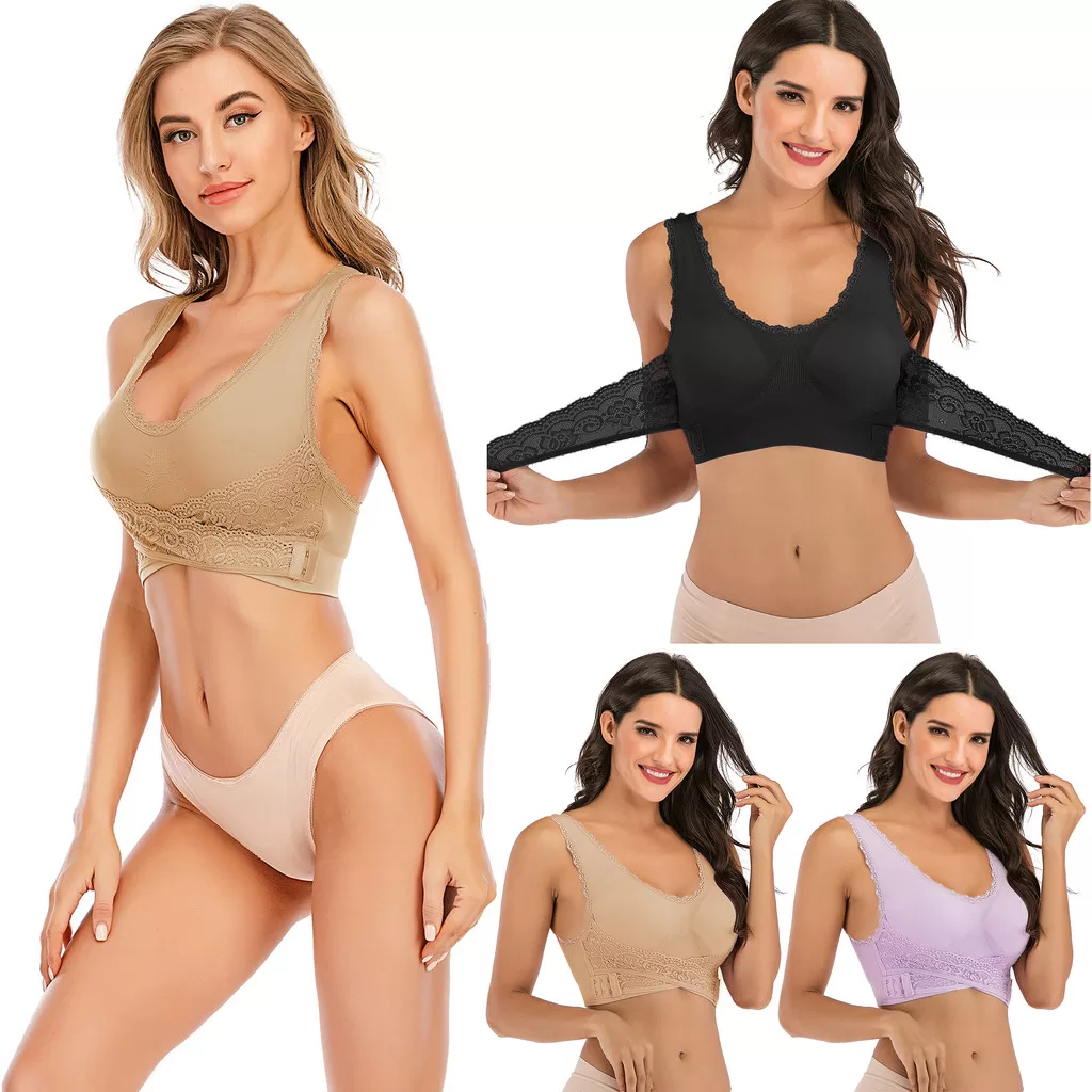 Hot Wind Sutiã Esportivo Fivela Transversal Frontal Push Up Alta Compressão Borda de Renda Ajustável