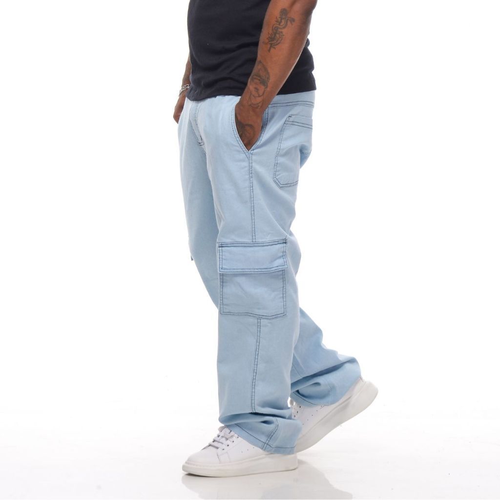 Calça Masculina Cargo Jeans Saja  Escura Claro Elástico Cordão Skatista