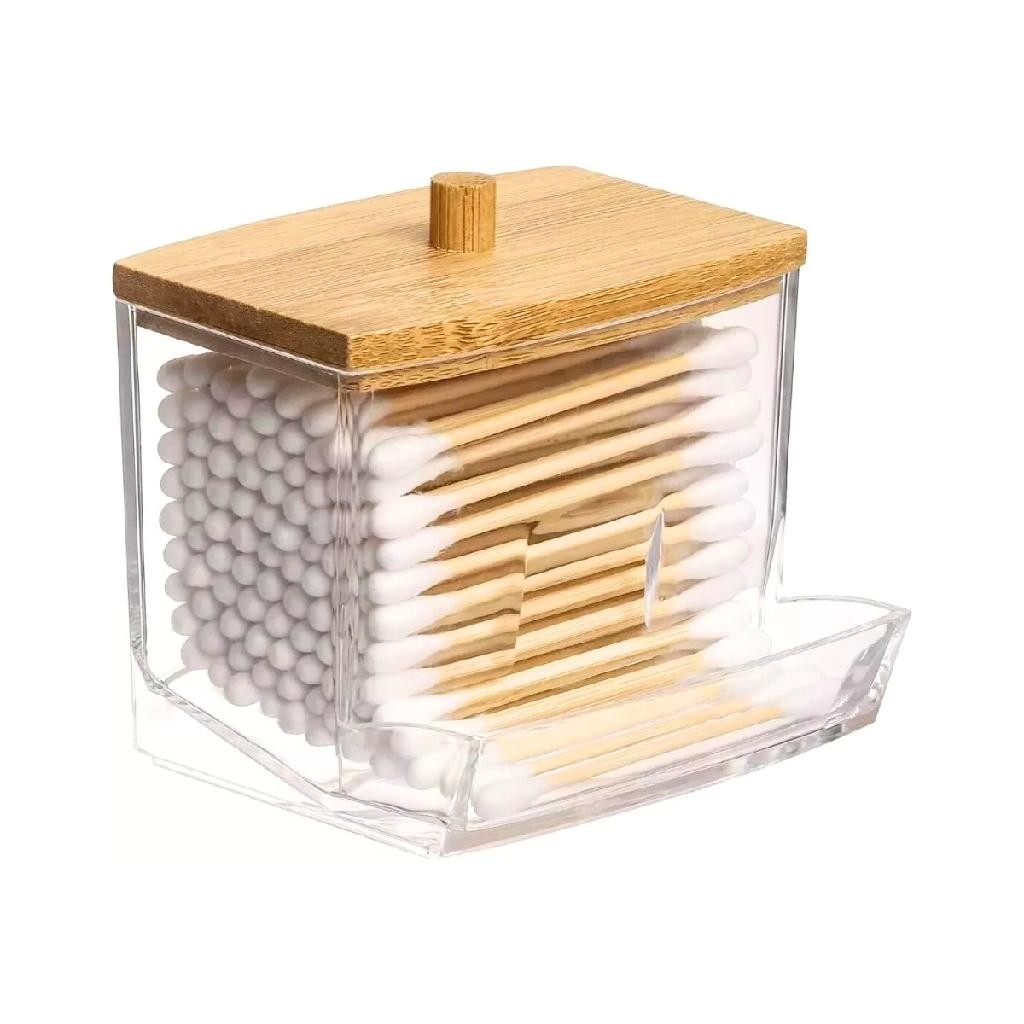 Porta Cotonete Em Acrílico Transparente C/Tampa Bambu 9cm