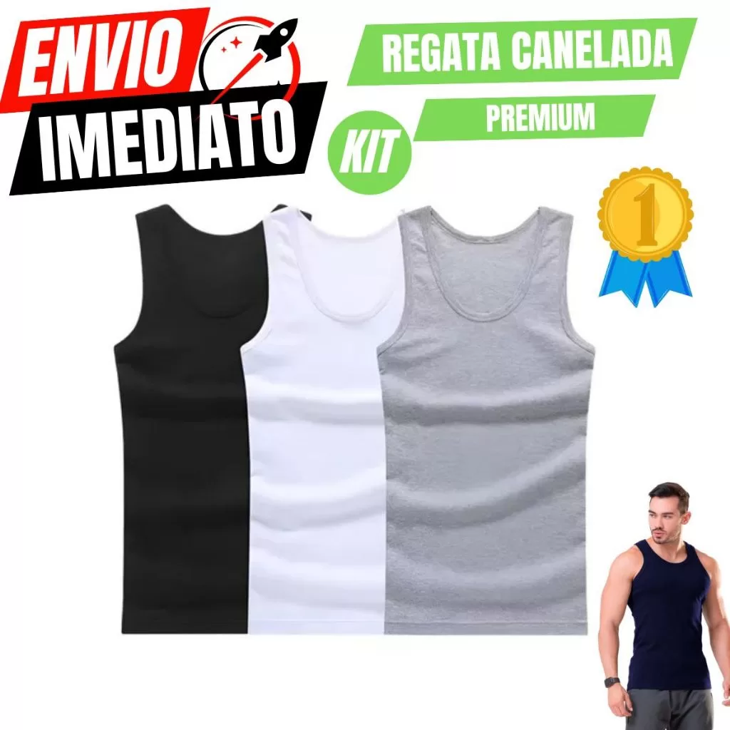 Kit 3 Regata Masculina Modelo Americano Canelada Básica Lisa Algodão e Elastano Jogo Camisa
