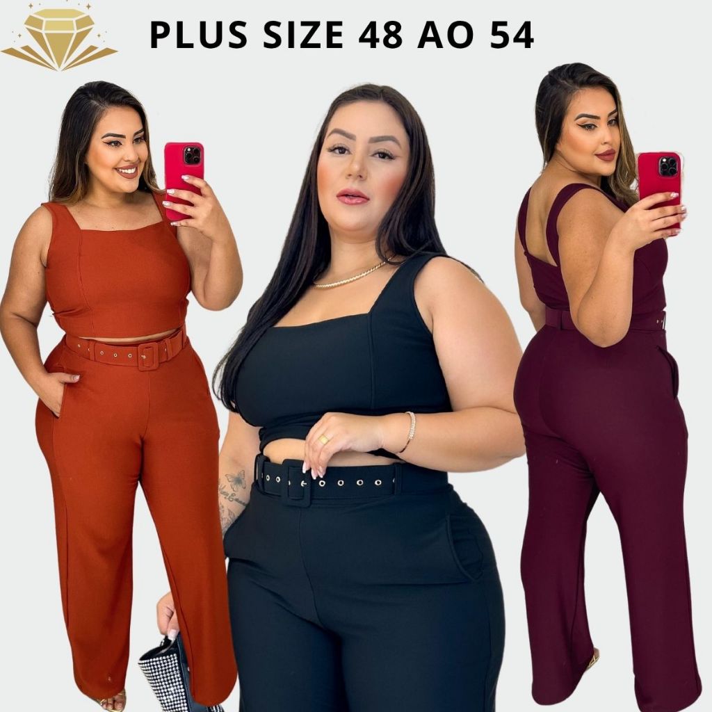 Conjunto Feminino Plus Size Cropped e Calça Cintura Alta Com Cinto Crepe Montaria Elegante 46 ao 54