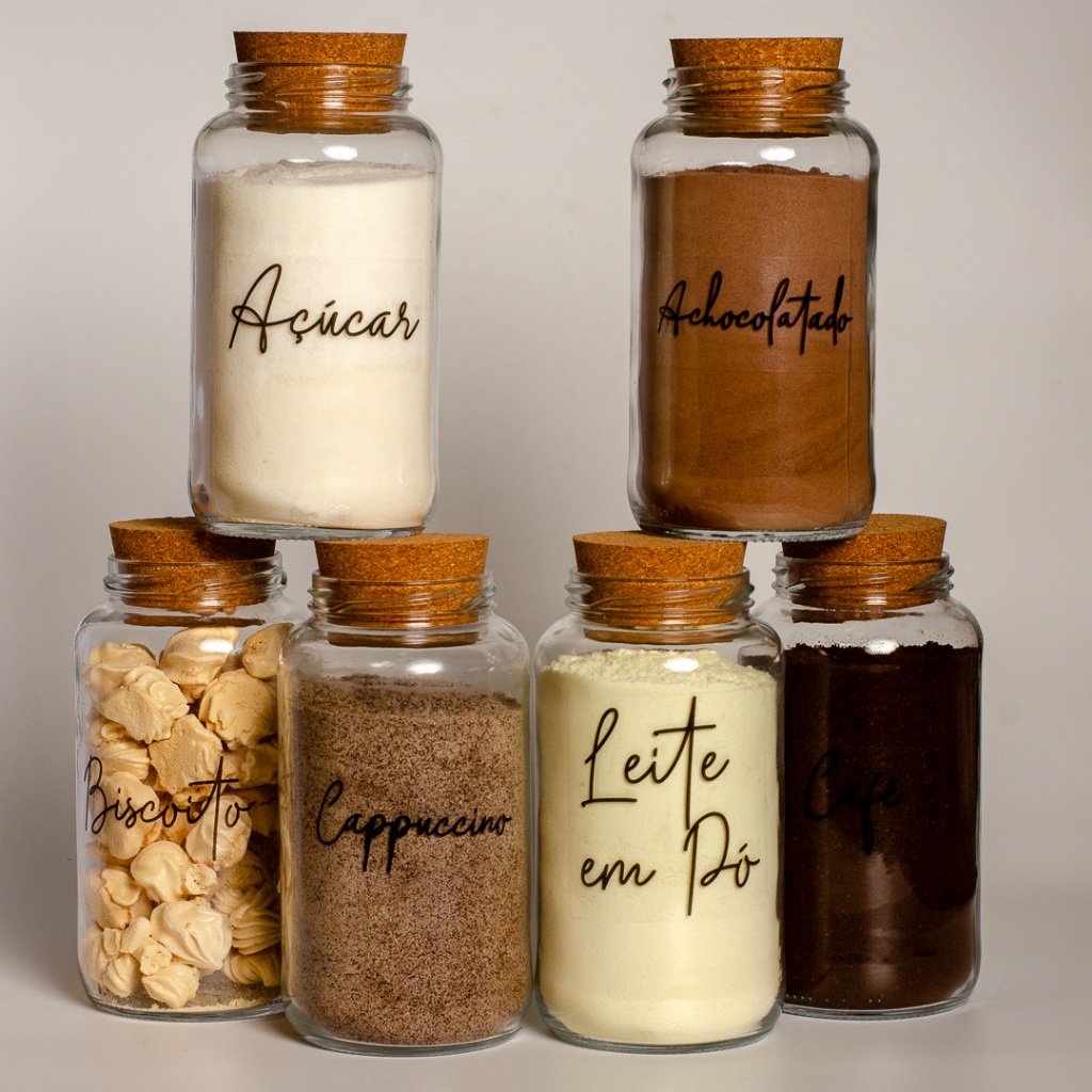 Kit Cantinho do Café – ESCOLHA SEU KIT – Potes de Vidro 830 ml com Tampa de Cortiça + Adesivos