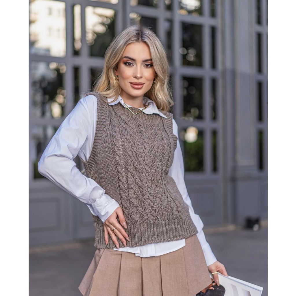 Colete Feminino Tricot com Detalhes de trança, Ponto Fang Elegante Tendência Moda Outono/Inverno