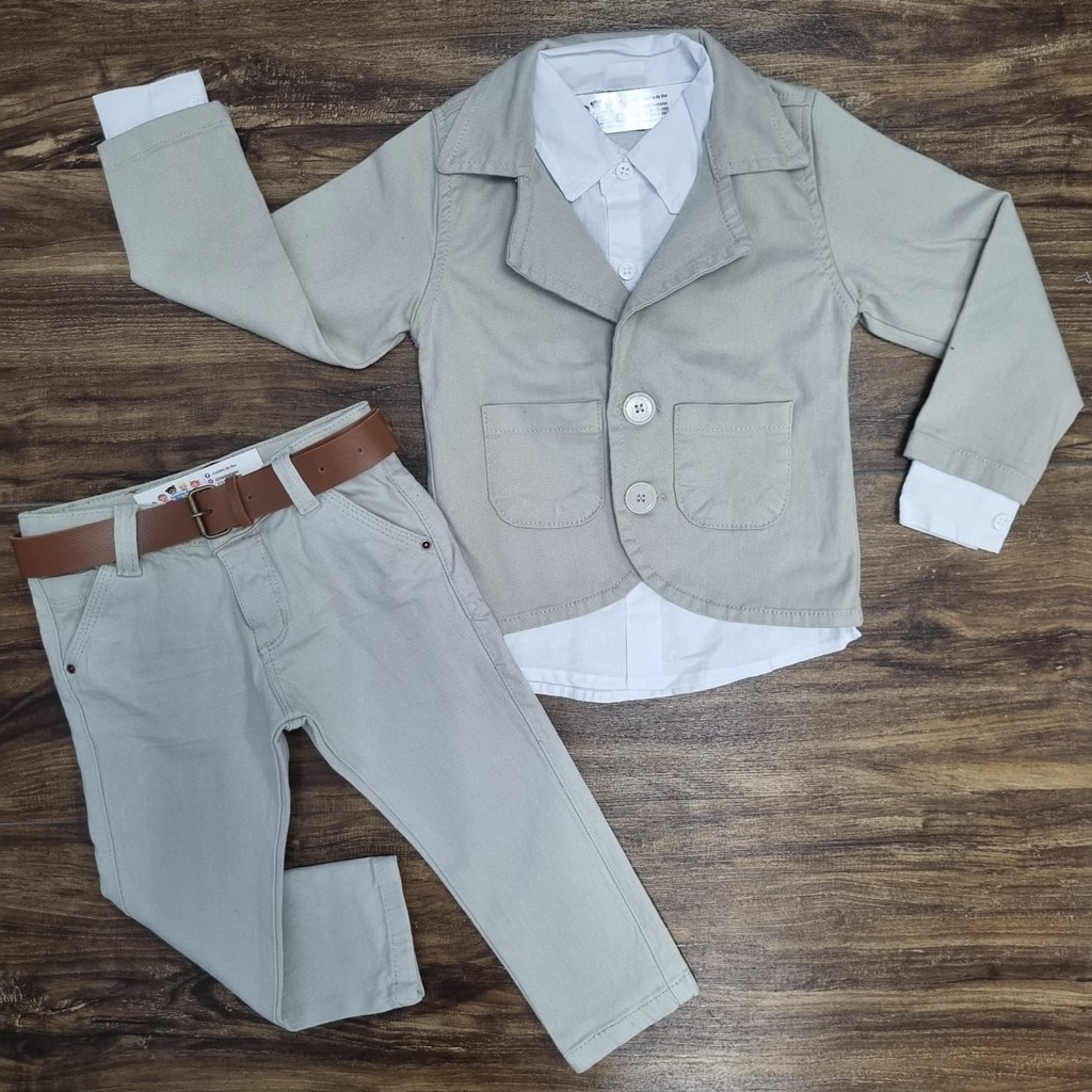 Conjunto Blazer com Camisa Branca e Calça Jeans Nude Infantil
