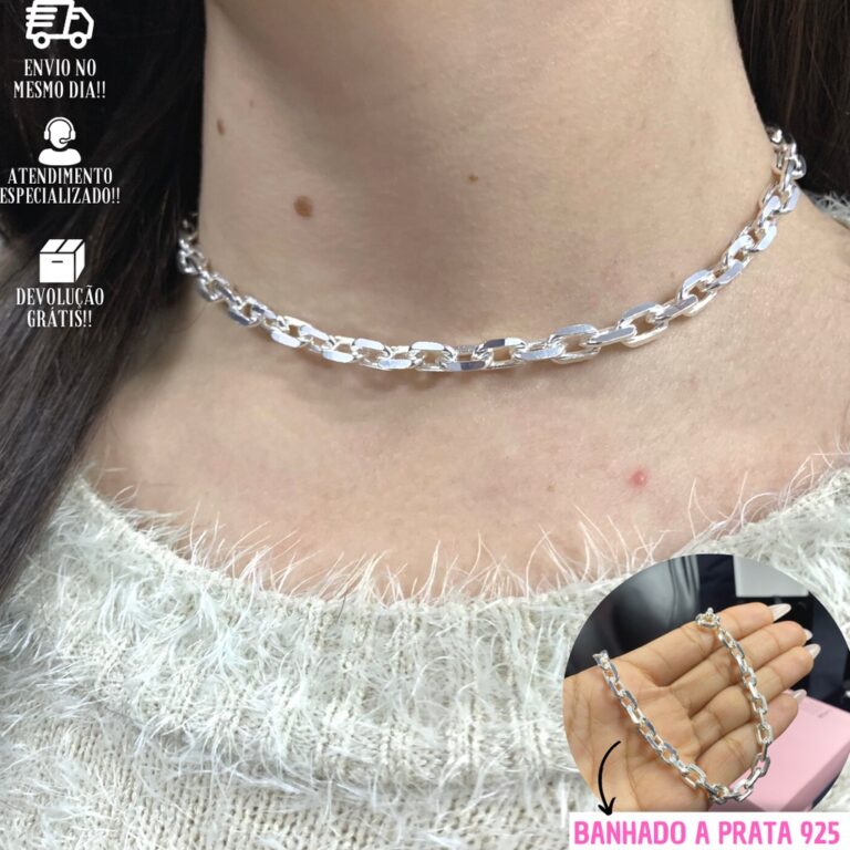 Colar De Prata Feminina Choker 35cm Cadeado Banhad