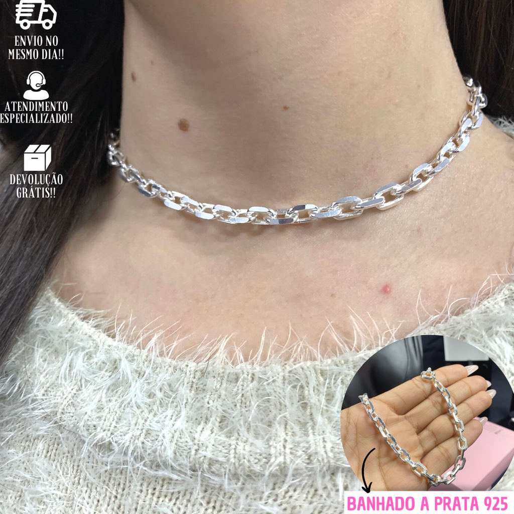 Colar De Prata Feminina Choker 35cm Cadeado Banhada a Prata 925