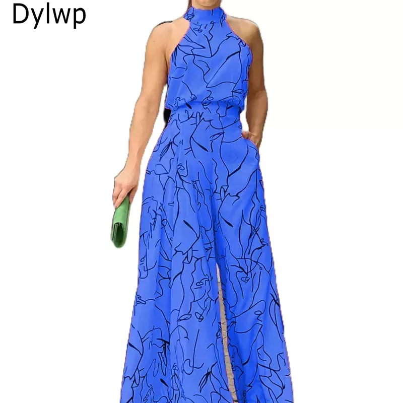 Macacão Longo Feminino Com BR Estampa Elegante Sem Manga E Costas Largas