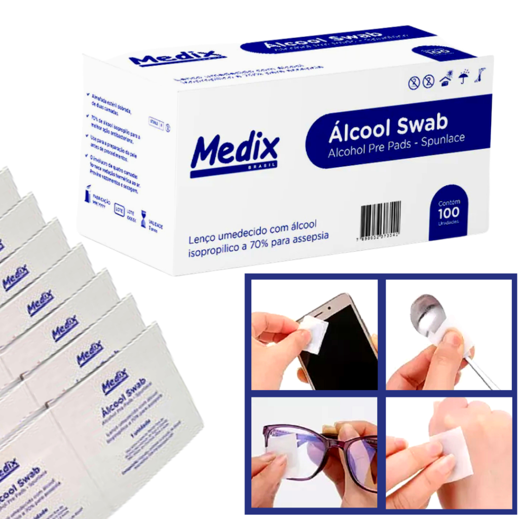 Álcool Swab Isopropílico Lenço Umedecido p/ Assepsia 100u Medix Lenco Umedecido Sachê Asséptico