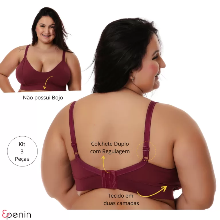 Kit 3 Sutiã Plus Size Reforçado Sem Bojo Soutien