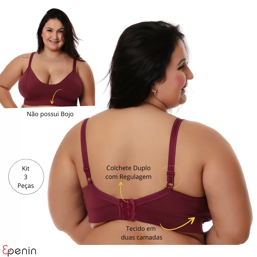 Kit 3 Sutiã Plus Size Reforçado Sem Bojo Soutien Confortável Alça Reforçada Sustentação lingerie Fem