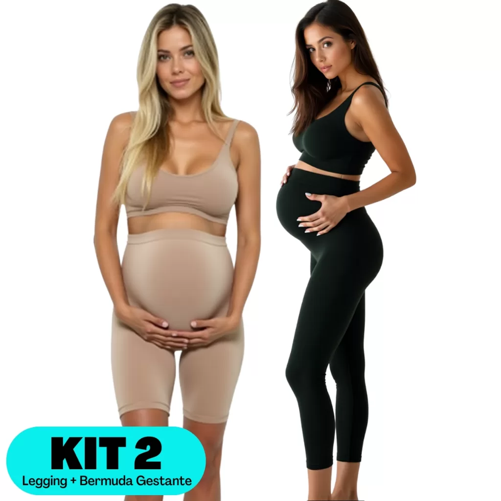 KIT Mamãe sendo: 1 Calça Legging Gestante Com Formato Anatomico + 1 Bermuda Gestante