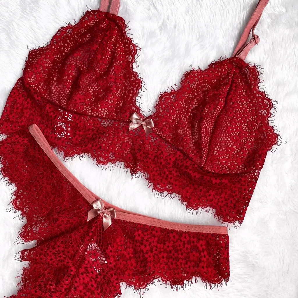 Conjunto Lingerie Calcinha e Sutiã Sem Bojo De Renda Sexy Atacado