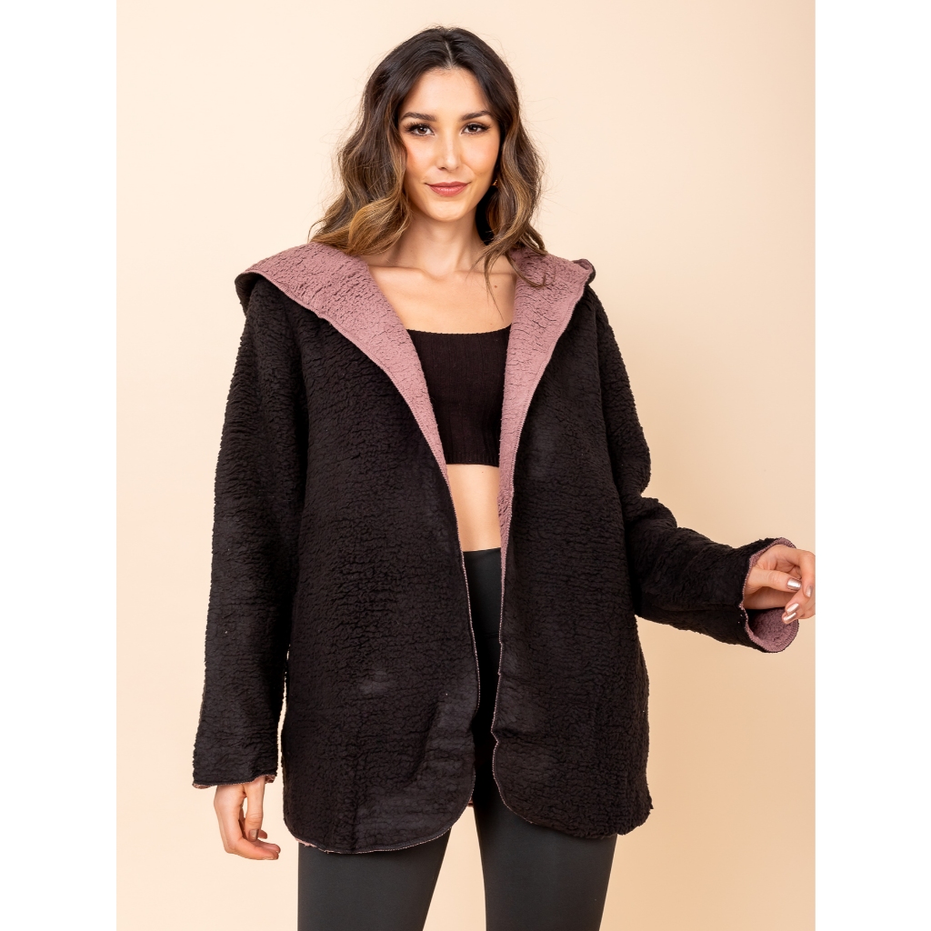 Casaco Feminino Dupla Face Teddy Jaqueta Grosso Inverno Frio de Pelinho com Capuz Blogueira Longo