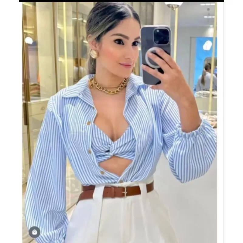 Conjunto kimono Moda Feminina Tendência Primavera Verão. Camisa de Botões Cropped Com Bojo.