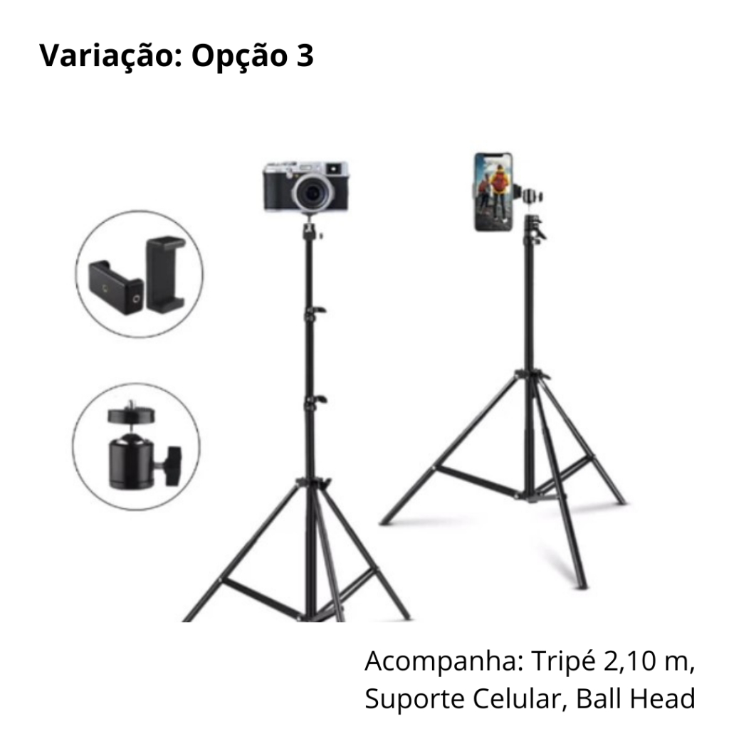 Tripé  2,1m Encaixe 1/4 + Ball Head studio luminação suporte celular