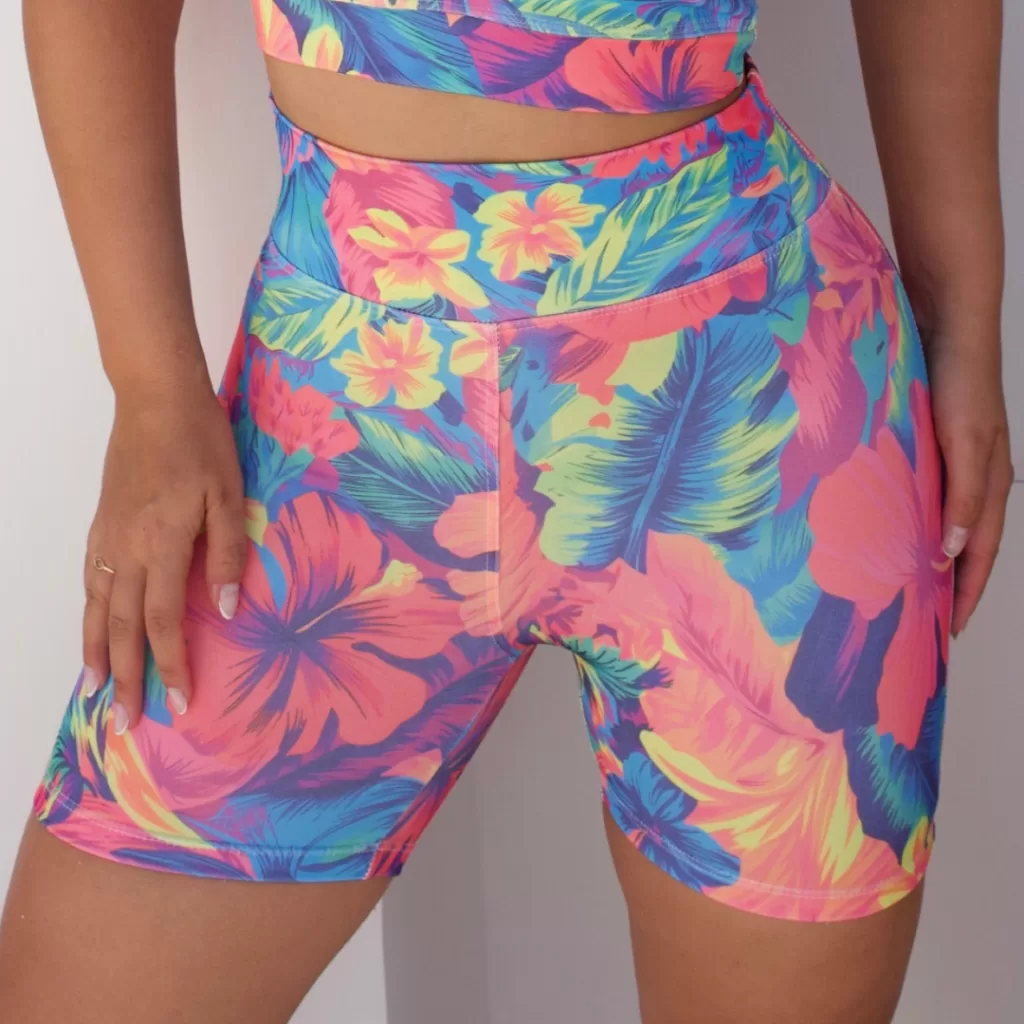 Short Feminino Meia Coxa Cintura Alta Suplex Esportivo Academia Fitness Estampada Floral Abstrato