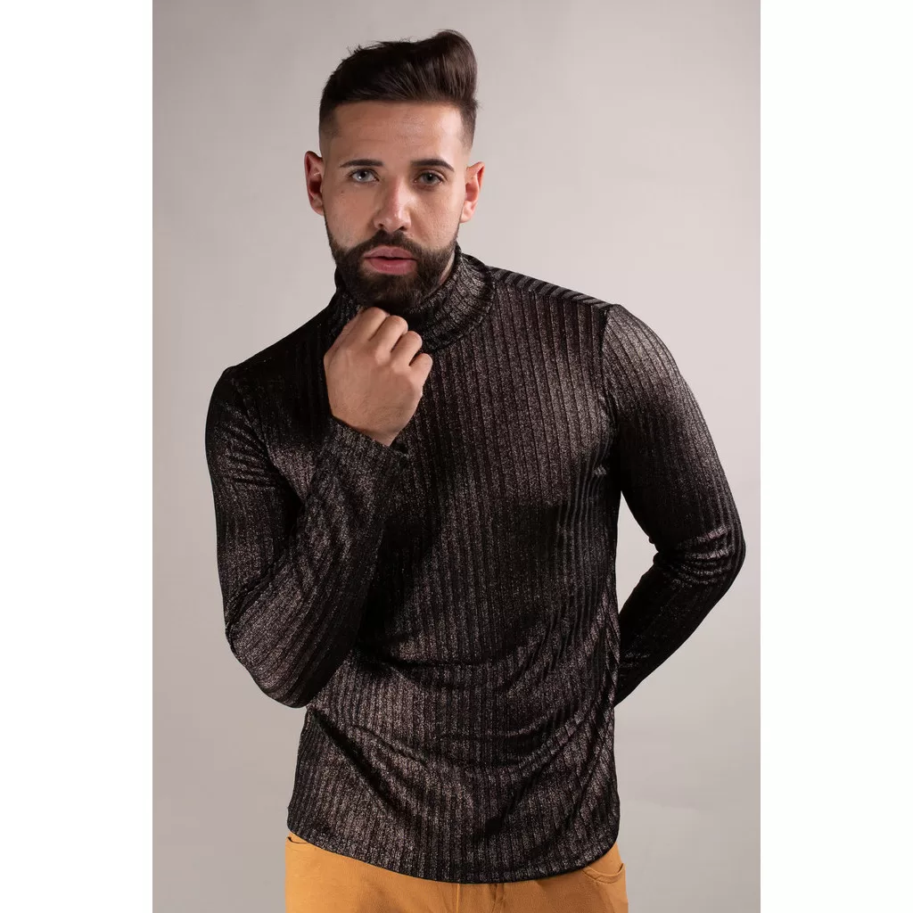 Blusa Masculina Malha Canelada Gola Cacharrel Dourada