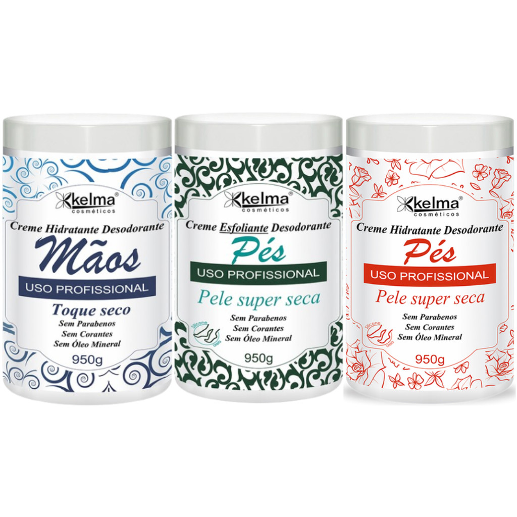 KIT KELMA CREME HIDRATANTE PÉS + CREME ESFOLIANTE PÉS + CREME HIDRATANTE MÃOS 950G