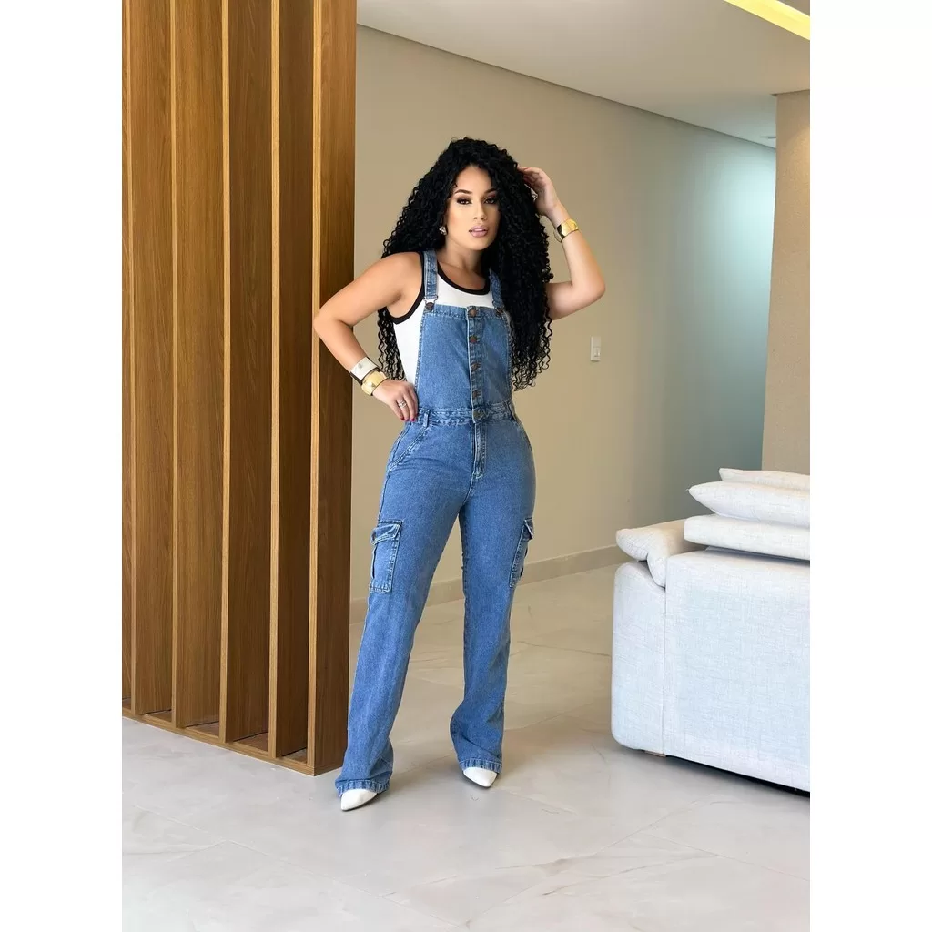 JARDINEIRA CALÇA CARGO FEMINA JEANS 100%