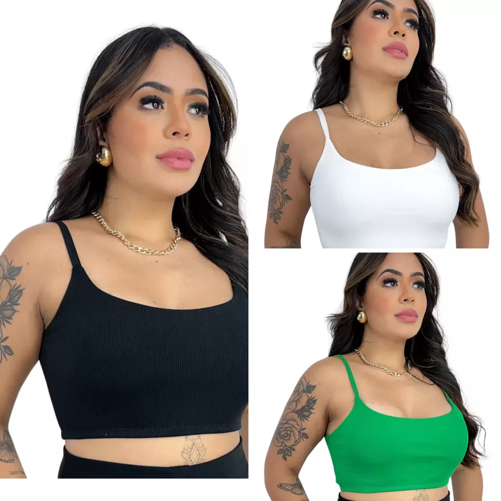 Kit 3 Blusas Feminina Cropped Alcinha Fina Com Forro Duplo Preto, Off-White e Verde
