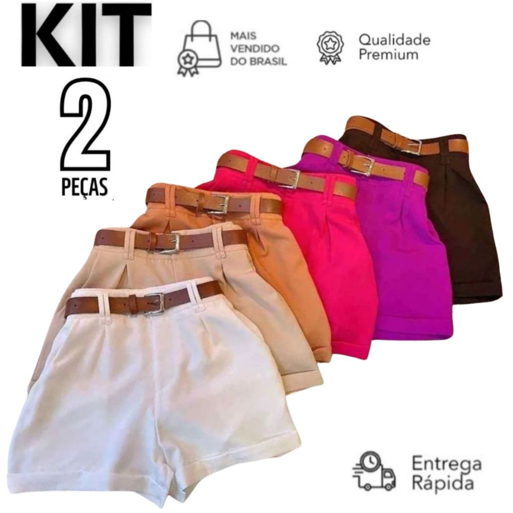 Kit 2 Shorts Feminino Alfaiataria Com Cinto Cintura Alta Disfarça Barriga Envio Imediato