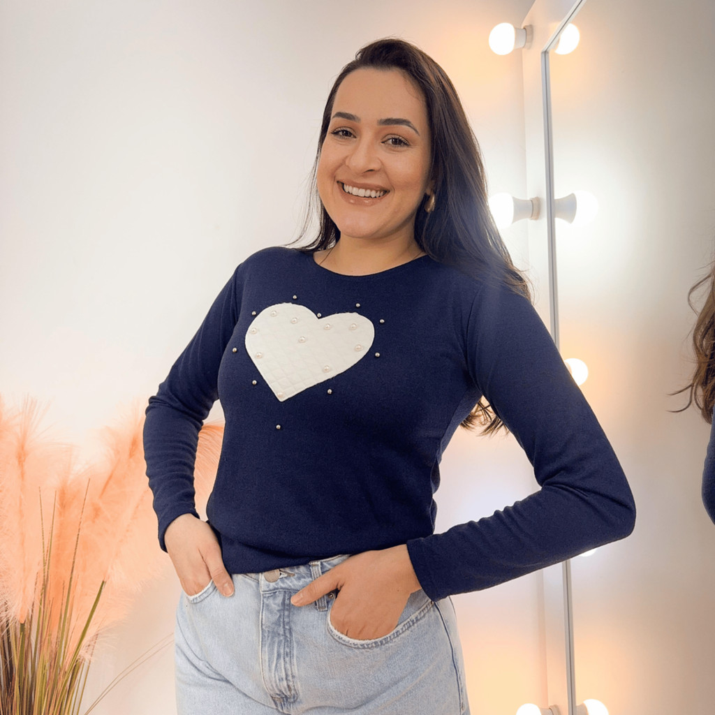 Blusa Feminina de Lanzinha com Manga Longa Sueter Coração Bordado com Pérolas Tecido Outono Inverno