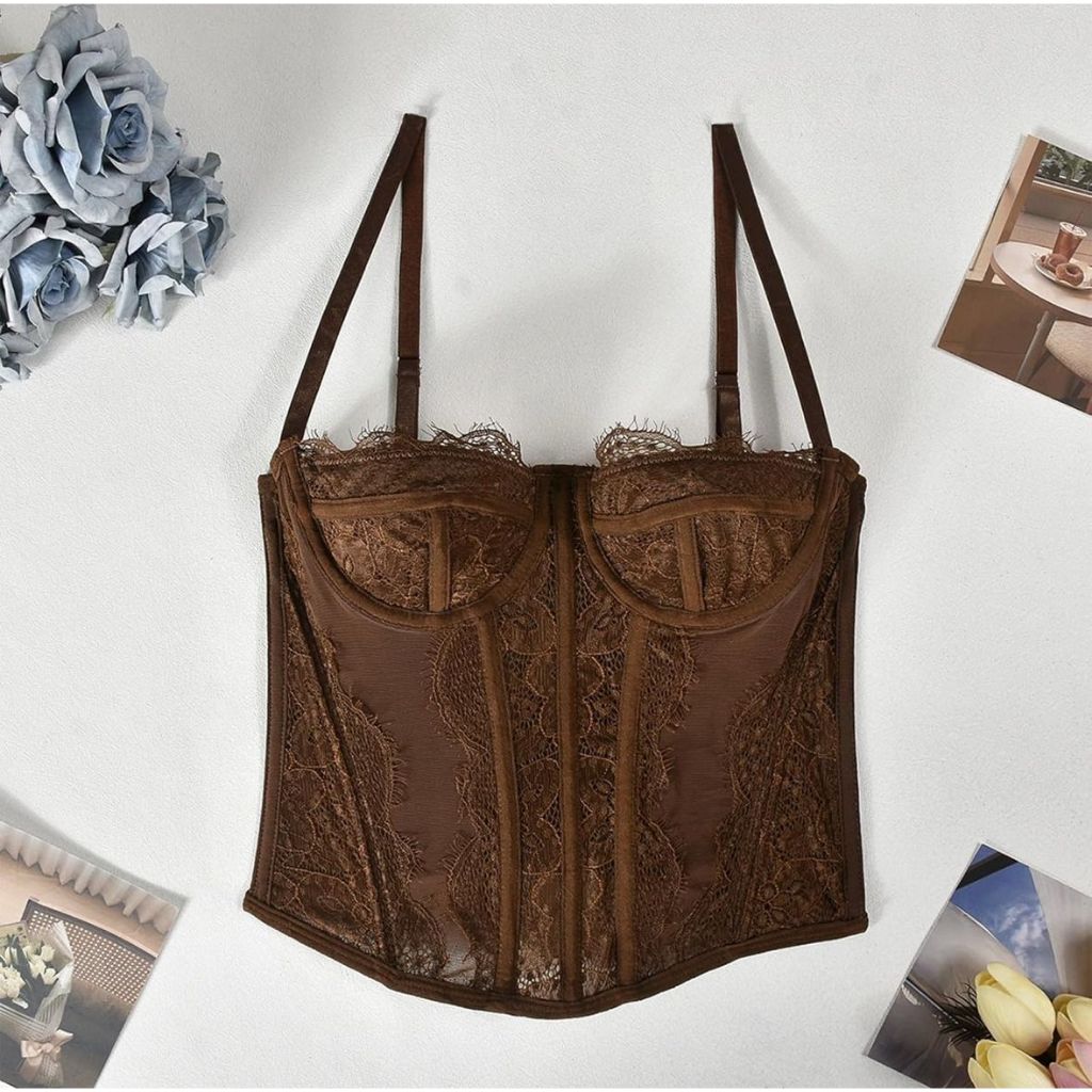 Cropped Feminino Corset Renda Corselet Alça Regulagem Sexy Corpete Blusa
