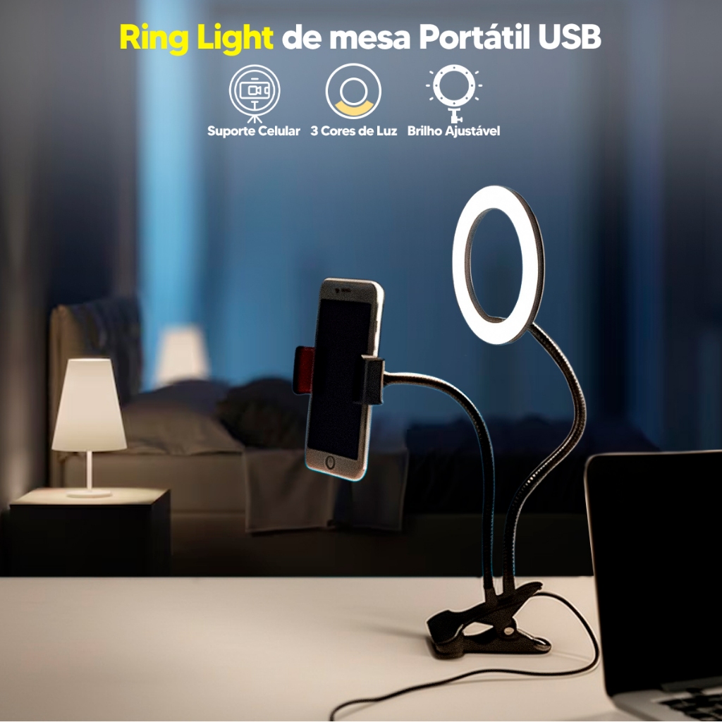 Ring linght Profissional Led de mesa Articulado Portátil com Suporte Articulado para Celular